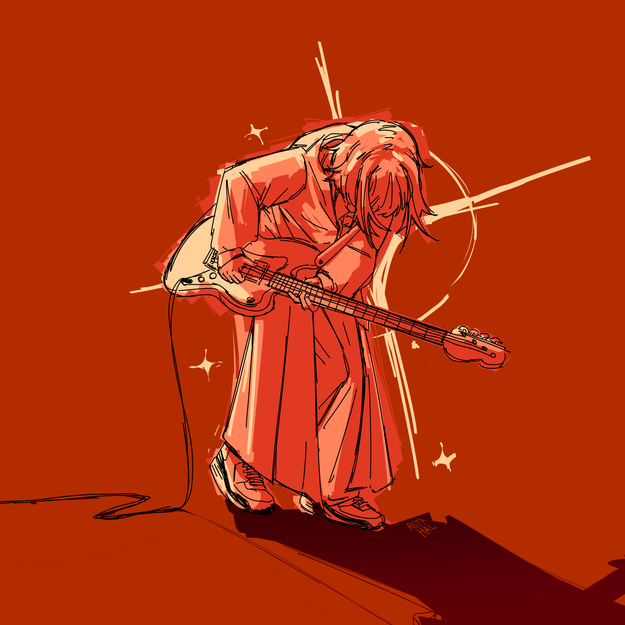 Pina playing the bass standing up, 'Scott Pilgrim vs the World' style.